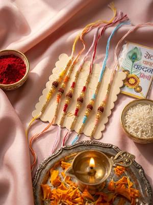 set of 6 rudraksh & artificial beads thread rakhi with roli chawal chandan mishri 3