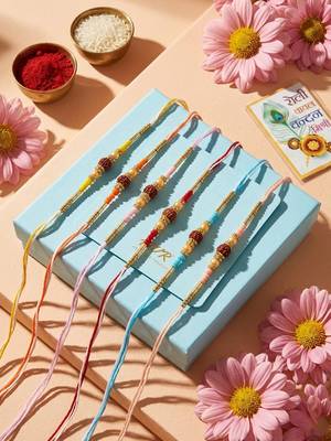 set of 6 rudraksh & artificial beads thread rakhi with roli chawal chandan mishri 4