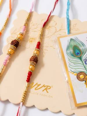 set of 6 rudraksh & artificial beads thread rakhi with roli chawal chandan mishri 5