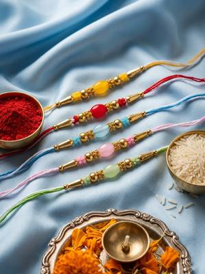 set of 5 multi artificial beads thread rakhi with roli chawal chandan mishri 2