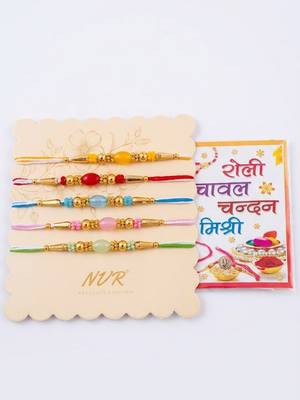 set of 5 multi artificial beads thread rakhi with roli chawal chandan mishri 3