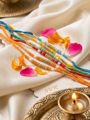 set of 6 multi artificial beads thread rakhi with roli chawal chandan mishri 4