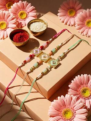 set of 3 multicolor ad thread rakhi with roli chawal chandan mishri 1
