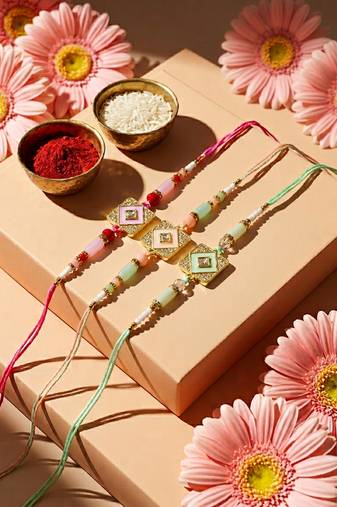 set of 3 multicolor ad thread rakhi with roli chawal chandan mishri