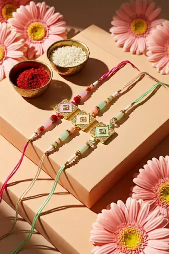 set of 3 multicolor ad thread rakhi with roli chawal chandan mishri