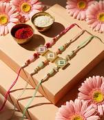 set of 3 multicolor ad thread rakhi with roli chawal chandan mishri
