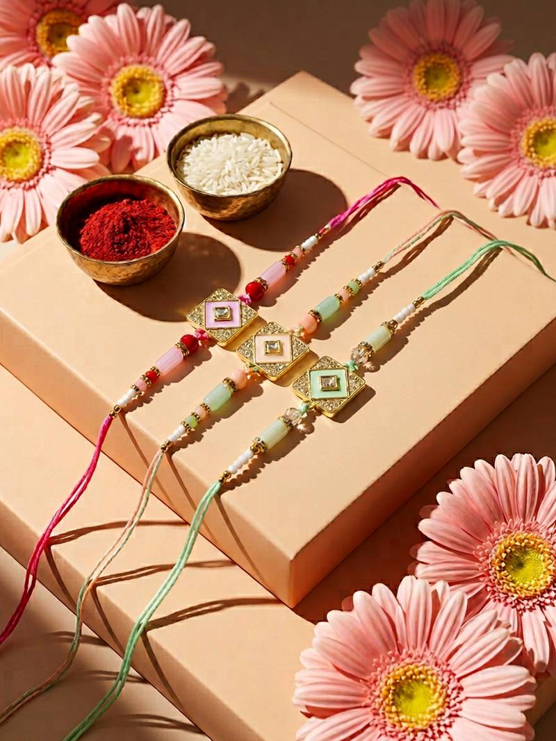 set of 3 multicolor ad thread rakhi with roli chawal chandan mishri