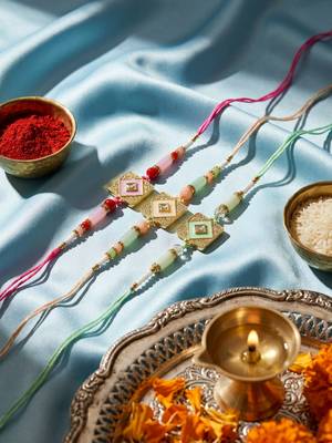 set of 3 multicolor ad thread rakhi with roli chawal chandan mishri 2