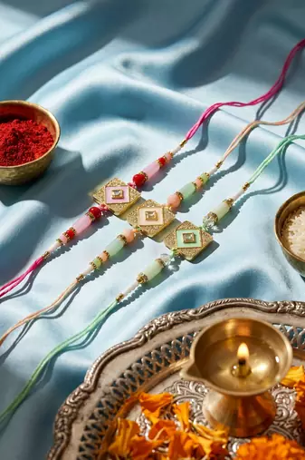 set of 3 multicolor ad thread rakhi with roli chawal chandan mishri
