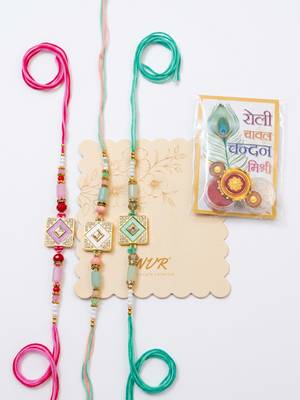 set of 3 multicolor ad thread rakhi with roli chawal chandan mishri 3