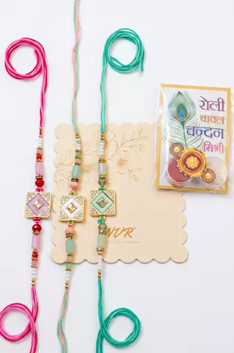 set of 3 multicolor ad thread rakhi with roli chawal chandan mishri