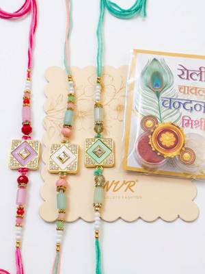 set of 3 multicolor ad thread rakhi with roli chawal chandan mishri 4