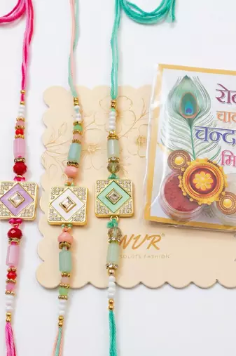 set of 3 multicolor ad thread rakhi with roli chawal chandan mishri