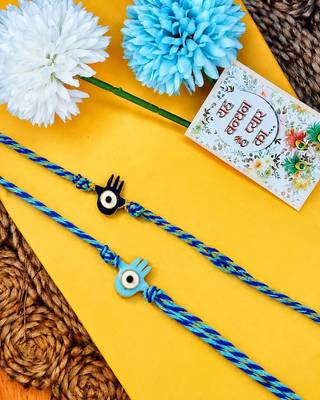 set of 2 evil eye & blue thread rakhi with roli chawal chandan mishri 1