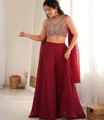 Maroon crunchy silk blend indo-western crop top palazzo set with neck dupatta