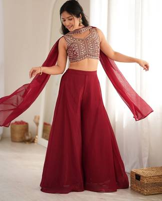 Maroon crunchy silk blend indo-western crop top palazzo set with neck dupatta 2