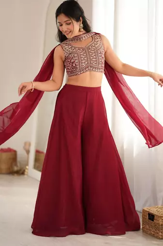 Maroon crunchy silk blend indo-western crop top palazzo set with neck dupatta