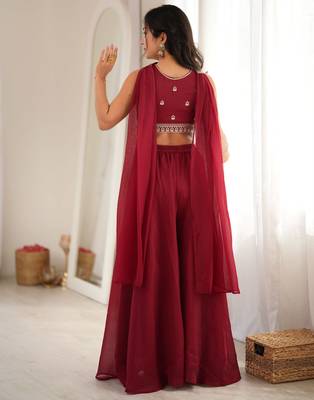Maroon crunchy silk blend indo-western crop top palazzo set with neck dupatta 3
