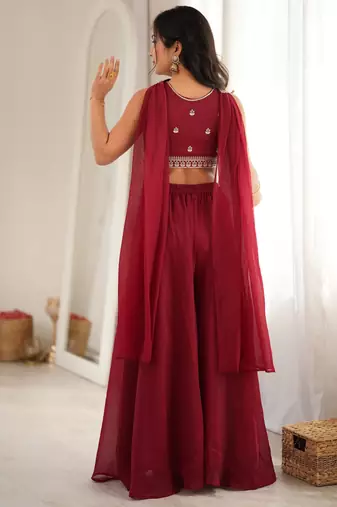 Maroon crunchy silk blend indo-western crop top palazzo set with neck dupatta