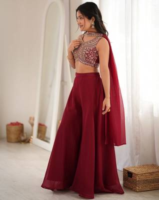 Maroon crunchy silk blend indo-western crop top palazzo set with neck dupatta 4
