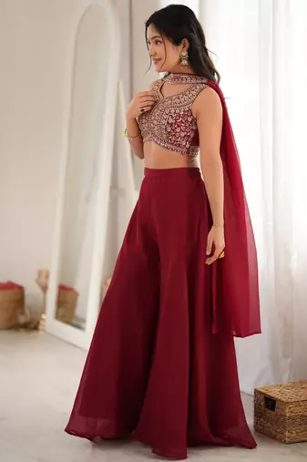 Maroon crunchy silk blend indo-western crop top palazzo set with neck dupatta