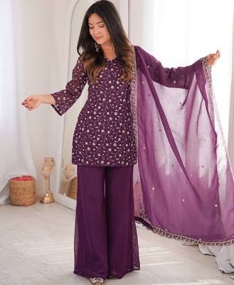 Women's Gorgeous Embroidery Work Crunchy Silk Fabric Straight Kurta Pant and Dupatta Set 1