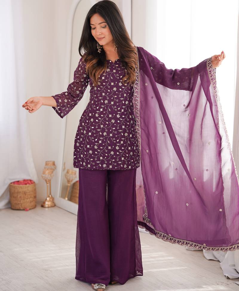 Women's Gorgeous Embroidery Work Crunchy Silk Fabric Straight Kurta Pant and Dupatta Set