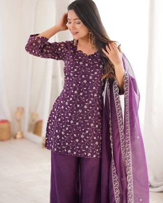 Women's Gorgeous Embroidery Work Crunchy Silk Fabric Straight Kurta Pant and Dupatta Set 2