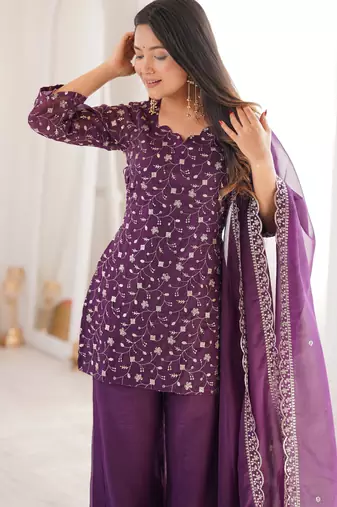 Women's Gorgeous Embroidery Work Crunchy Silk Fabric Straight Kurta Pant and Dupatta Set
