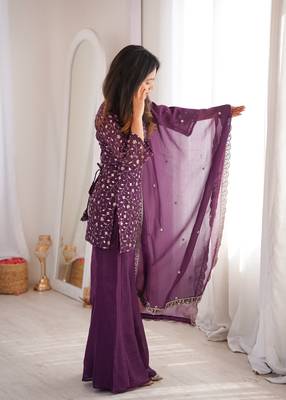 Women's Gorgeous Embroidery Work Crunchy Silk Fabric Straight Kurta Pant and Dupatta Set 3