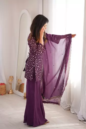 Women's Gorgeous Embroidery Work Crunchy Silk Fabric Straight Kurta Pant and Dupatta Set