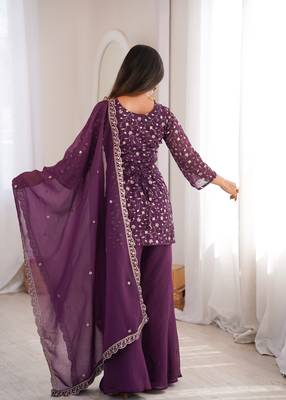 Women's Gorgeous Embroidery Work Crunchy Silk Fabric Straight Kurta Pant and Dupatta Set 4