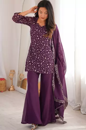 Women's Gorgeous Embroidery Work Crunchy Silk Fabric Straight Kurta Pant and Dupatta Set