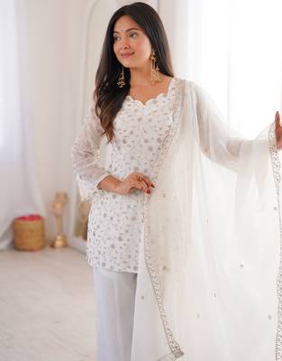 Women's Gorgeous Embroidery Crunchy Silk Fabric Straight Kurta Pant and Dupatta Set 2