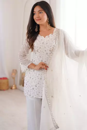 Women's Gorgeous Embroidery Crunchy Silk Fabric Straight Kurta Pant and Dupatta Set