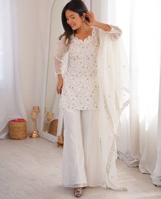 Women's Gorgeous Embroidery Crunchy Silk Fabric Straight Kurta Pant and Dupatta Set 3