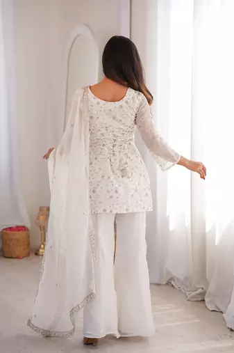 Women's Gorgeous Embroidery Crunchy Silk Fabric Straight Kurta Pant and Dupatta Set