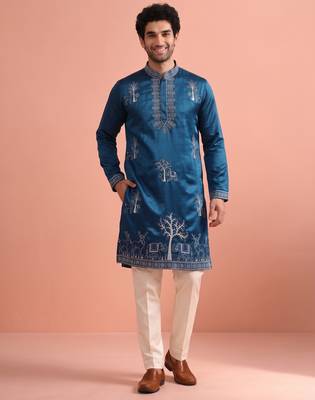 Men embroidered satin fabric embroidered kurta set 1