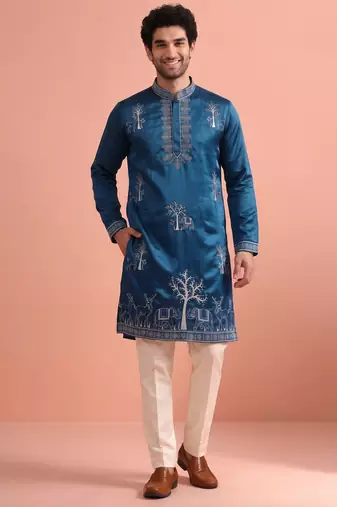 Men embroidered satin fabric embroidered kurta set