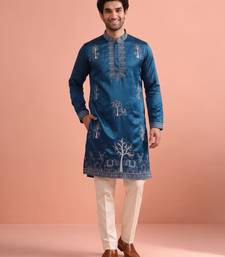 Men embroidered satin fabric embroidered kurta set
