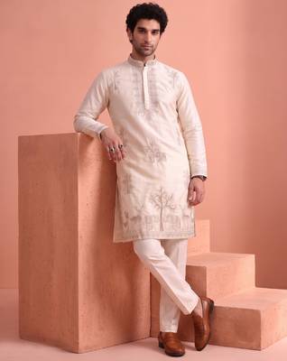 Men embroidered satin fabric embroidered kurta set 1