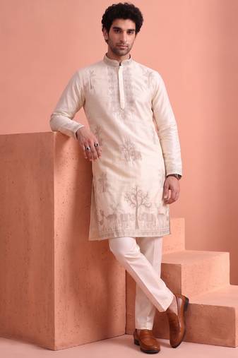 Men embroidered satin fabric embroidered kurta set