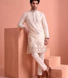 Men embroidered satin fabric embroidered kurta set