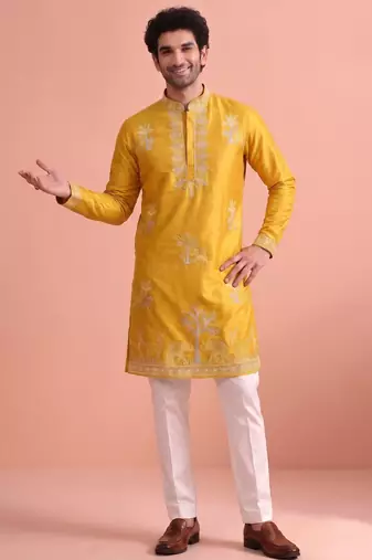 Men embroidered satin fabric embroidered kurta set