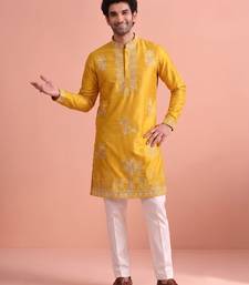 Men embroidered satin fabric embroidered kurta set
