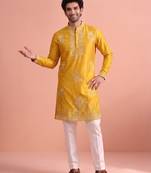 Men embroidered satin fabric embroidered kurta set