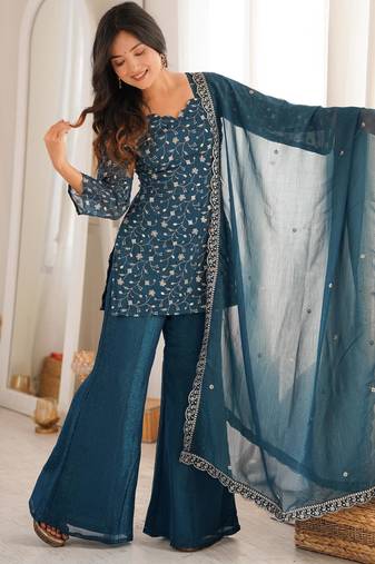 Women's Gorgeous Embroidery Crunchy Silk Fabric Straight Kurta Pant and Dupatta Set