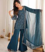 Women's Gorgeous Embroidery Crunchy Silk Fabric Straight Kurta Pant and Dupatta Set