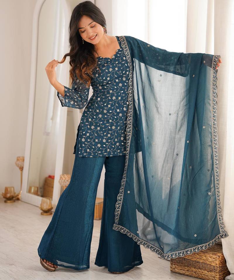 Women's Gorgeous Embroidery Crunchy Silk Fabric Straight Kurta Pant and Dupatta Set