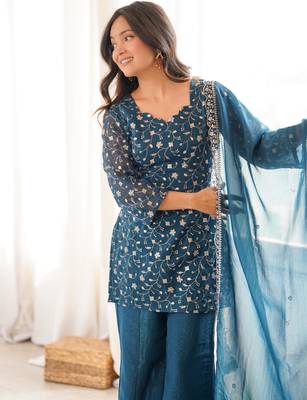 Women's Gorgeous Embroidery Crunchy Silk Fabric Straight Kurta Pant and Dupatta Set 2